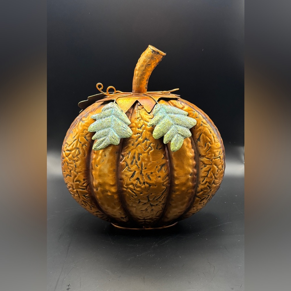 Decorative Metal Pumpkin with Leaves - 12” x 10”